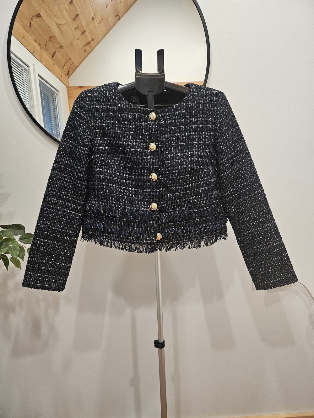 Express Black and White Tweed Cropped Blazer with Gold Buttons